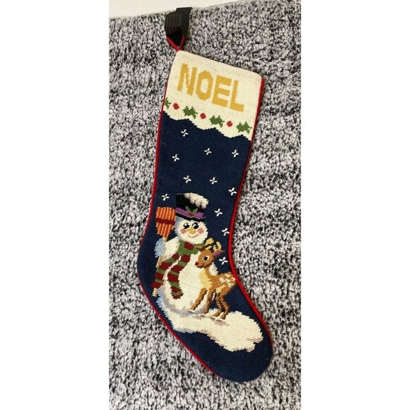 Vintage Noel‎ Snowman Rudolph Needlepoint Christmas Holiday Stocking Lined - Picture 1 of 6